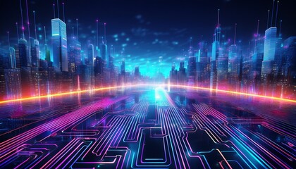 Wall Mural - futuristic cityscape with digital circuit board and neon lights