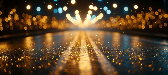 Wall Mural - golden glitter of a wet asphalt road, leading to the city lights at night with beautiful bokeh