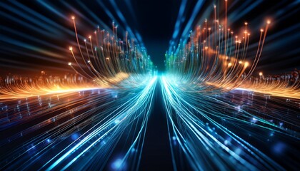 Wall Mural - glowing energy streams pulsing through fiber optic cables visualizing quantum computing networks and