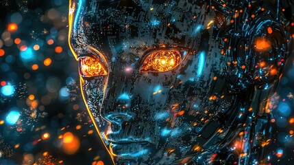 Wall Mural - A robotic AI system with glowing eyes, analyzing data flowing in intricate patterns of light and color.