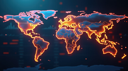stylized world map overlaid with glowing orange financial data