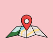 © sasa_elebea - Colorful Map with Urban City Roads, Streets and Parks and a Red Location Pin Isolated Icon on Pink Background. Travel Destination Location Design Concept for Navigation and Direction