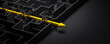 © Andreas Prott - 3d rendering: Concept - solving a complex problem. Brute force method: breaking through the brick wall. Black maze and floor with yellow solution path with arrow. Banner size. Cheating