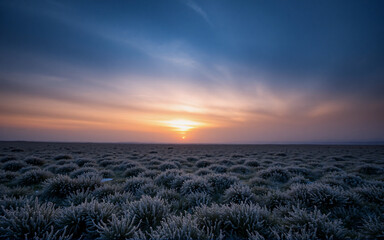 Aufkleber - Serene landscape at dawn or dusk. The sky displays a gradient of blue and orange as the sun rises or sets over a field of vegetation.