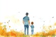 © Vision Quest - Fathers' Day card with cute watercolor sketch illustration of dad with son standing together, copy space for poster or social media, Generative AI