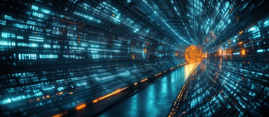 Data stream tunnel, futuristic tech, glowing background, website header