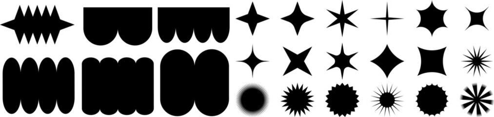 set of abstract black geometric shapes and starburst icons for modern design and branding projects. 