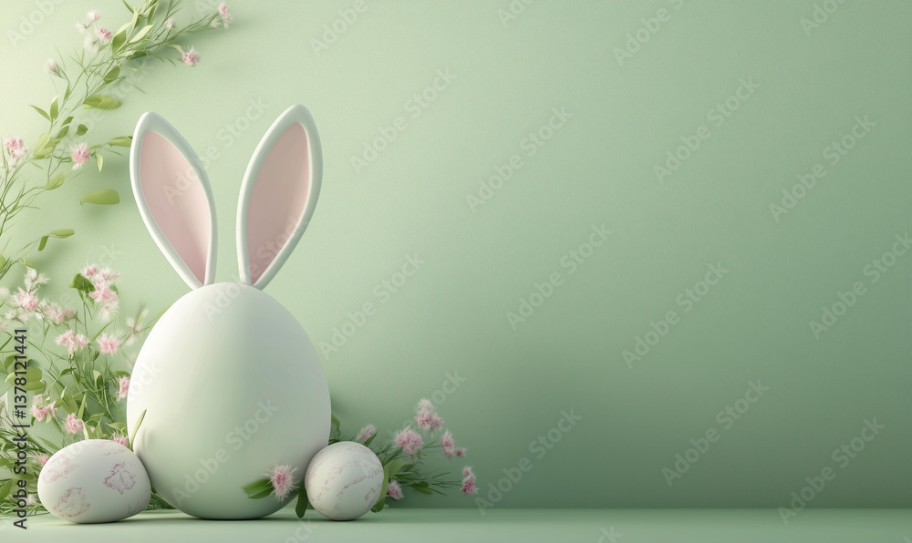 Playful 3D Easter Egg with Bunny Ears - Pastel Green Background with ...