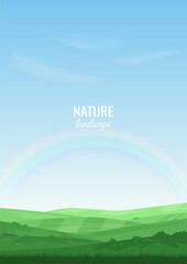 Wall Mural - summer landscape with green hills. agricultural field with bushes. rainbow in the blue sky. warm sun