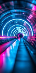 Wall Mural - geometric blue and purple neon circle light tunnel background. circular glowing neon frame