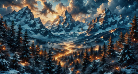 Poster - Majestic snow capped mountains tower above a valley with a glowing river winding through a dark forest at twilight. The sky is filled with dramatic clouds.