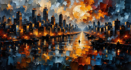 Aufkleber - Vivid night cityscape painting with a full moon illuminating buildings reflected in water. Impressionistic style, colorful, and atmospheric.