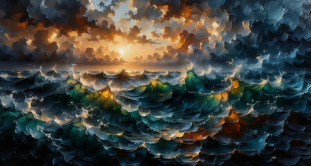 Poster - Dramatic ocean waves crash under a vibrant, cloudy sky at sunset. Painterly style with rich hues of blues, greens, orange, and yellow creating a dynamic seascape.
