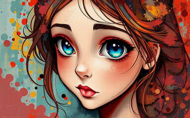 Poster - A vibrant cartoon girl with big blue eyes and brown hair is depicted in a colorful and artistic style, set against a splattered paint background.