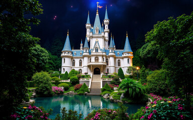 Poster - A fairytale castle stands grandly at night, lit against the dark sky, surrounded by lush greenery. A tranquil pond reflects the magical scene, enhancing its beauty.