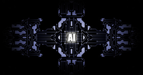 Futuristic design of the CPU chip. Symmetrical pattern and cool shades create a cyberpunk style, emphasizing high technology and artificial intelligence.