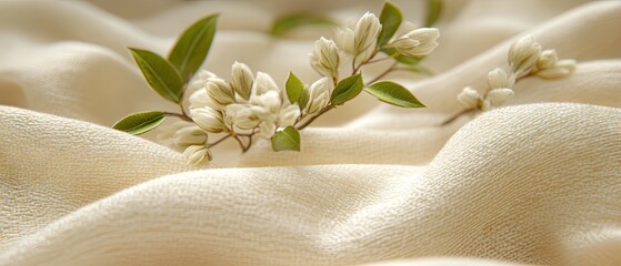 Wall Mural - Delicate white buds and green leaves rest on a creamy, flowing fabric with soft, blurred depth