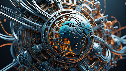 Poster - Futuristic mechanical globe with intricate gears and wires. A technological marvel with metallic textures, accented in blue and gold.