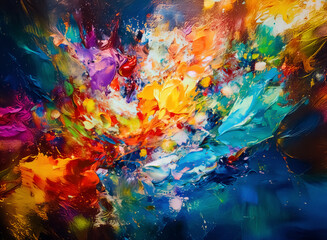 Poster - Colorful abstract art. Dynamic brushstrokes and vibrant hues create an expressive and textured painting with an explosion of colors.