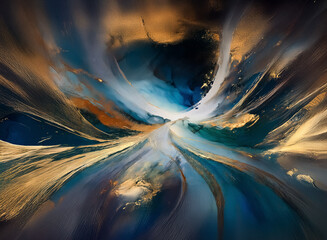 Poster - Abstract swirling artwork featuring dynamic brushstrokes in shades of blue, gold, and white, creating a fluid, explosive, and elegant visual effect.