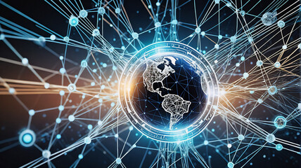 Poster - Global network illustration showing earth sphere connected by lines and nodes, representing interconnected digital communication worldwide.