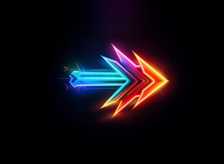 Poster - Vibrant neon arrow points right, glowing with electric blue to fiery orange against a dark backdrop. A modern, digital symbol of direction and motion.