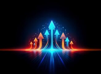 Fototapete - Arrows in shades of blue and orange ascend from a central point, radiating light on a dark backdrop, symbolizing growth and forward movement.