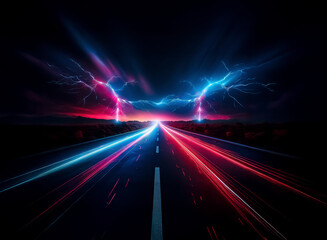 Poster - Night road stretches to the horizon, light streaks illuminate the path. Dramatic lightning strikes on both sides under the dark sky.