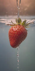 Aufkleber - A ripe red strawberry is submerged in clear water as water drips onto it, creating a splash. The fruit appears fresh and juicy in a clean, simple setting.