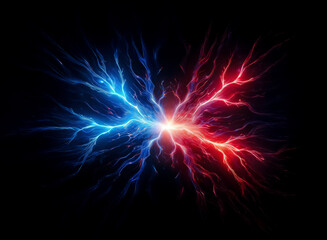 Aufkleber - Vibrant energy clash: blue and red lightning bolts collide against a stark black backdrop, creating a powerful visual of opposing forces meeting.
