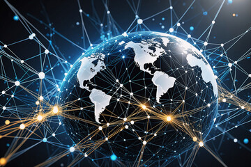 Leinwandbilder - Global network connecting continents, depicted with glowing nodes and lines, symbolizing worldwide communication and technological advancement.
