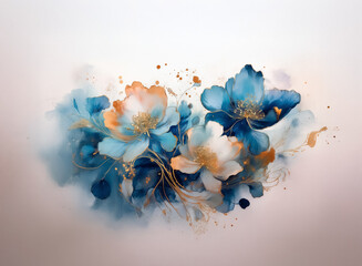 Poster - Elegant watercolor floral artwork featuring blue and white blooms with golden accents. Soft, dreamy, and artistic design creates a delicate and elegant atmosphere.
