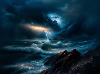Aufkleber - Dramatic seascape featuring dark, ominous clouds, crashing waves, and a rocky shoreline under a powerful, moody sky with a hint of light breaking through.