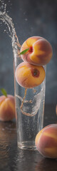 Poster - Ripe peaches are dropped into a glass of water, creating a splash. Fresh and juicy fruit, perfect for a refreshing summer drink.