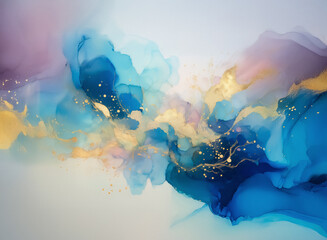 Poster - Dreamy fluid art with swirling blues, purples, and gold accents creates an ethereal and elegant atmosphere. Flowing colors evoke calmness.