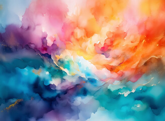 Poster - A vibrant abstract watercolor painting featuring a dynamic blend of orange, pink, yellow, and blue hues. The artwork evokes a dreamy, flowing, and ethereal atmosphere with its soft transitions and swi