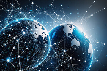 Poster - Two interconnected globes are shown with a complex digital network of lines and points, representing global technology and communication in shades of blue and white.