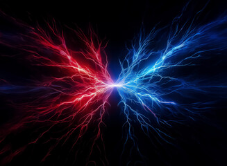 Poster - A dynamic image features opposing bolts of red and blue electricity clashing amidst a stark black backdrop.  The vibrant energy creates a powerful contrast, illuminating the darkness with bright, abst