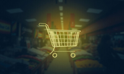 Fototapete - A glowing shopping cart outline is centrally placed over a blurred supermarket aisle filled with shelves of products, suggesting a focus on retail or consumerism in a store environment.