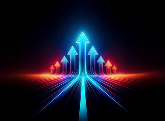 Fototapete - Bright luminous arrows ascend against a dark backdrop, symbolizing upward progression and motion with vibrant blue and red hues creating a sense of futuristic energy.