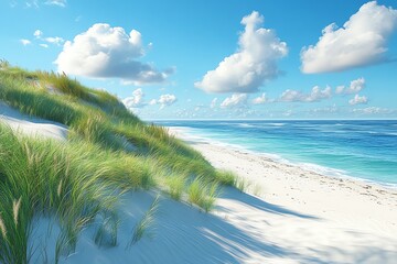 coastal beach scene with dunes, green grass, and bright blue sky
