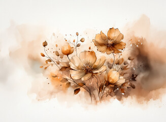 Wall Mural - elegant watercolor painting of flowers in warm brown and orange tones. soft, delicate floral art sty