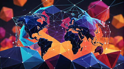 Leinwandbilder - Geometric world map with vibrant colors and network connections. Abstract polygonal design represents a futuristic global perspective.