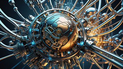 Poster - Intricate metallic sphere intertwined with a complex network of tubes and wires, creating a futuristic and industrial mechanical structure.