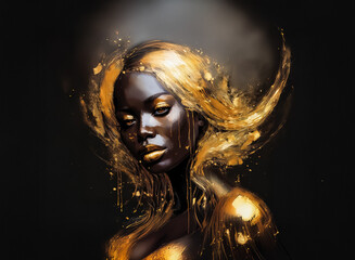 Poster - Elegant dark-skinned woman adorned with dripping golden paint on hair and body, posing against a stark, dark backdrop.