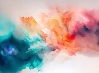 Poster - Vibrant abstract watercolor art with flowing blends of orange, pink, teal, and blue hues. Soft washes create a dreamy, ethereal, and dynamic composition.