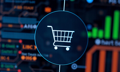 Fototapete - Shopping cart icon on a digital interface with abstract charts. Represents online shopping, e-commerce, and technology in finance or data analysis.
