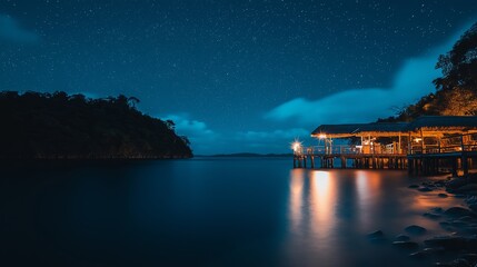 Poster - A bioluminescent bay glowing neon blue under the starry sky