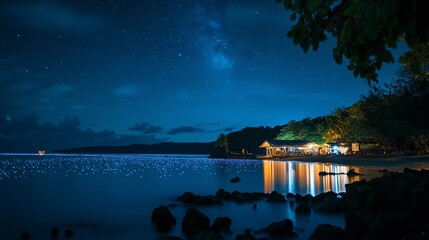 Poster - A bioluminescent bay glowing neon blue under the starry sky