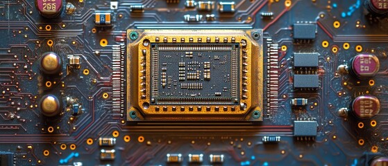Leinwandbilder - Integrated circuit microchip closeup on motherboard, silicon wafer electronic component, digital tech CPU, computer device, future engineering design